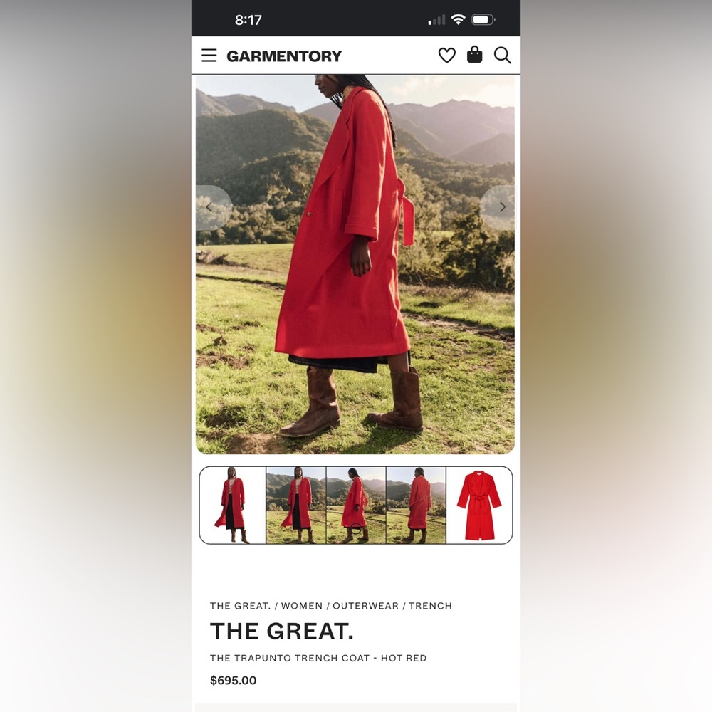 THE GREAT. Trapunto long wool hot red trench coat tie waist sz 0 XS S - Picture 13 of 13